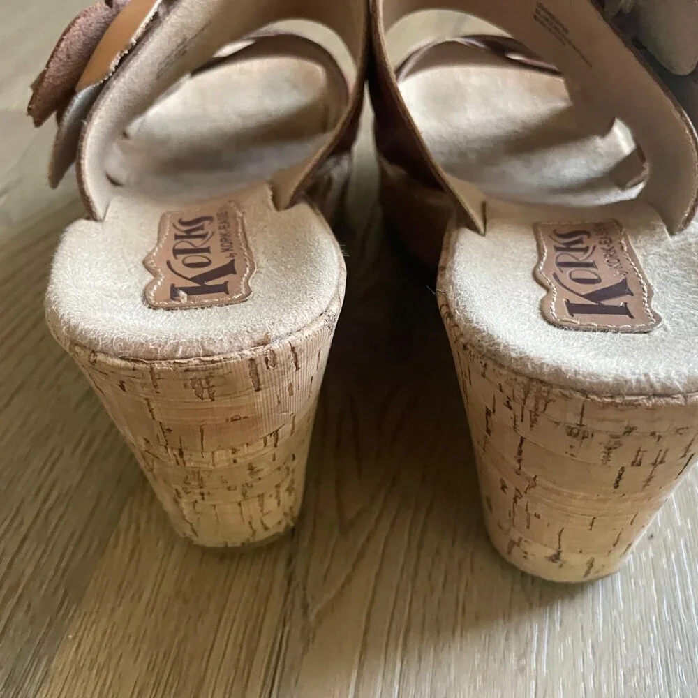 Korks Rosette Cork Wedge Sandals Leather Flower Women's 8 Y2K Summer Brown! - Picture 8 of 8